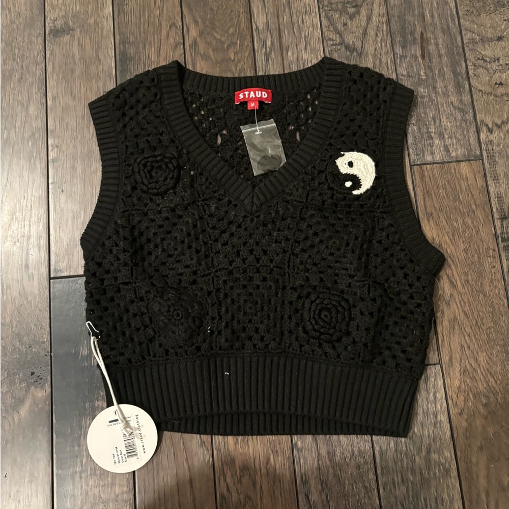 STAUD Black Crochet V-Neck Sweater